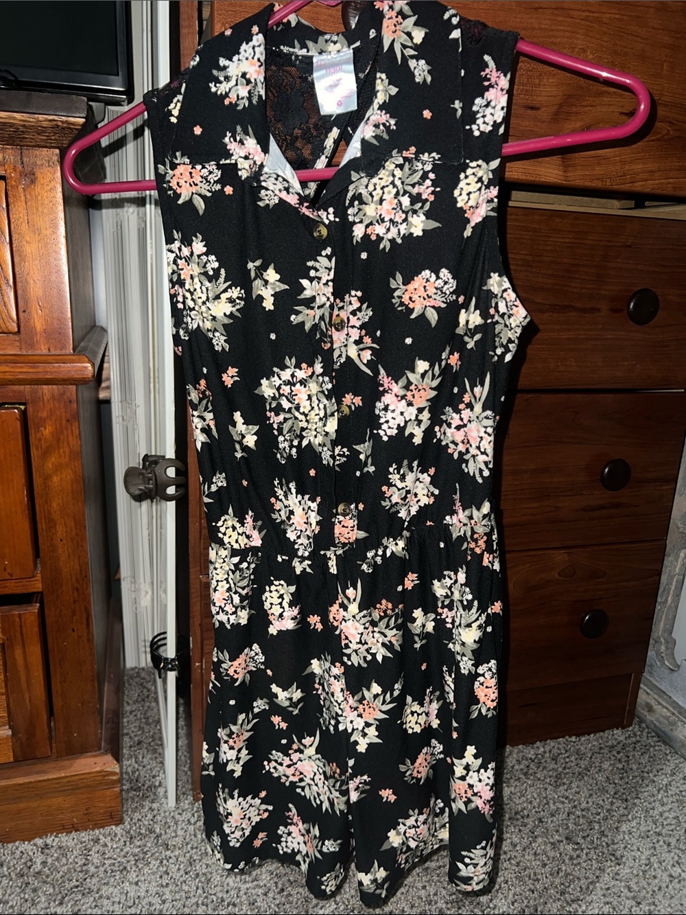 No Boundaries Black Floral Sleeveless Romper with Pink and Cream Accents